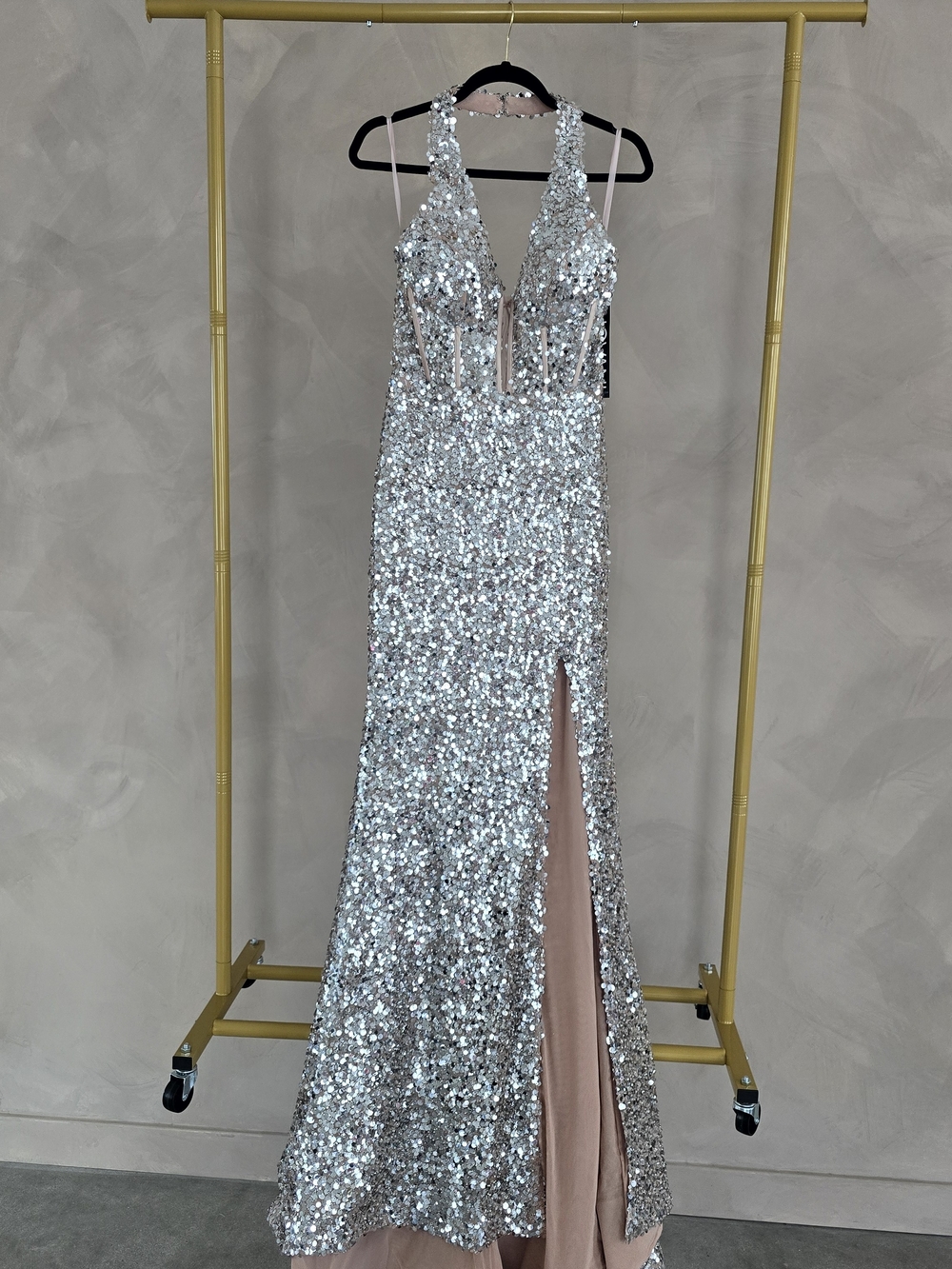 Jovani Silver Sequin Prom Gown with Blush Lining